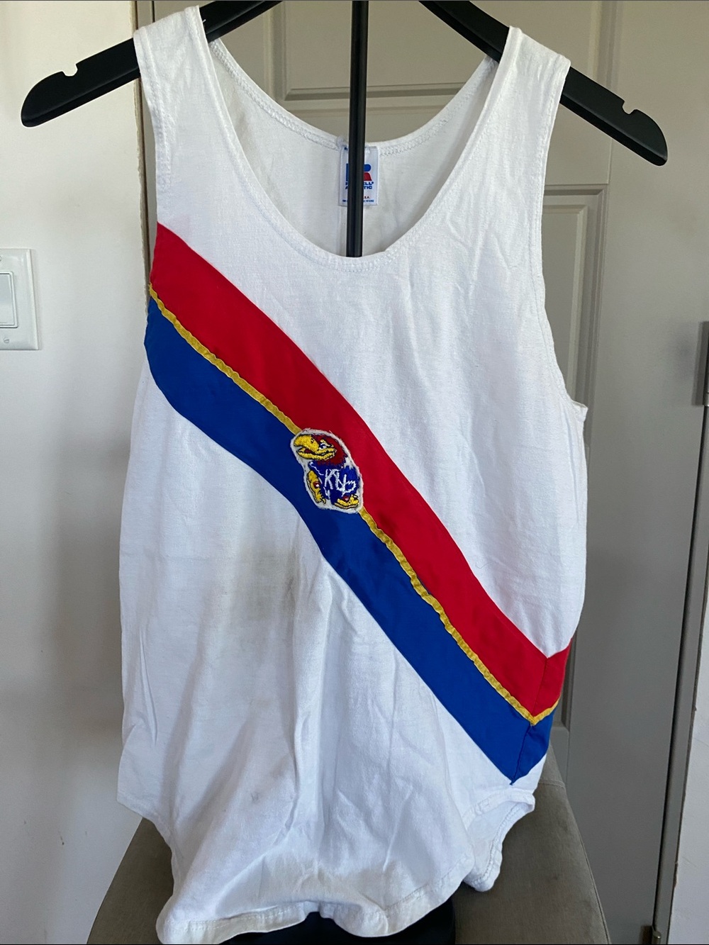 Vintage Russell KU Rowing White Tank with Red & Blue Diagonal Stripes- Mens